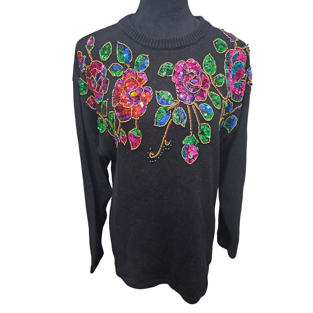 Victoria Harbour Sweater Womens Small Black Sequin Beaded Floral Vintage 80s 90s